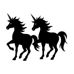 Two black unicorn silhouettes standing side by side on white background