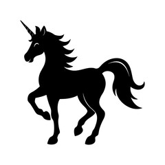 Silhouette of a unicorn with flowing mane and tail in a prancing pose