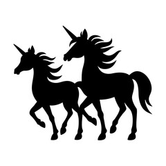 Silhouette of two unicorns standing next to each other on white background
