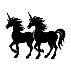 Silhouette illustration of two unicorns walking side by side in black