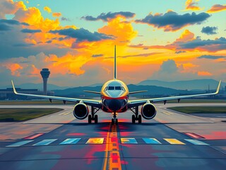 Passenger airplane on run way, Generative AI Illustration.
