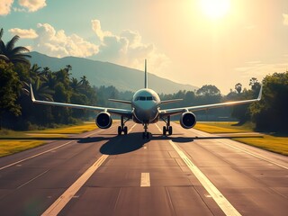 Passenger airplane on run way, Generative AI Illustration.