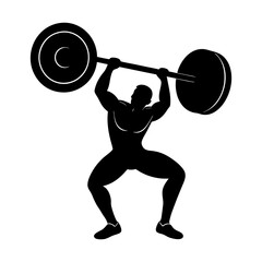 Silhouette of a weightlifter lifting a barbell above his head in gym