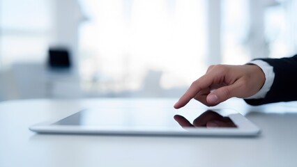 Interactive business meeting professional hand gesturing on tablet modern office digital communication productive environment