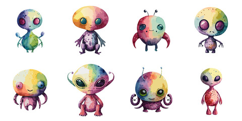Obraz premium Multiple vector illustrations rainbow color aliens, watercolor style