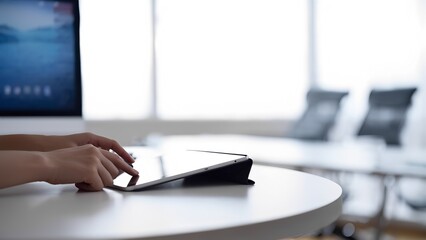 Collaborative tech discussion modern office image of tablet use bright environment close-up view engaging productivity