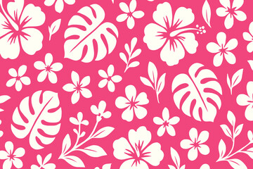 Seamless Tropical Pattern with White Hibiscus and Monstera Leaves on Hot Pink Background