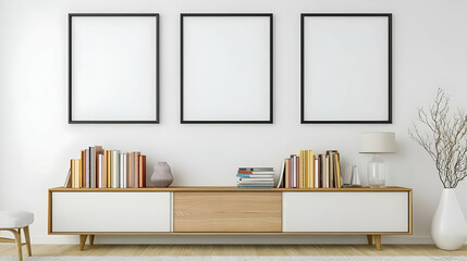 Modern Empty Frames On White Wall With Wooden Display Cabinet