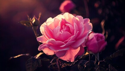Obraz premium Beautiful rose flower in nature outdoors in pink sunlight on dark background, soft selective.jpg
