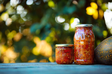 Home preservation. Vegetable salad in a glass jar on a wooden table. Natural green background with smooth bokeh. Healthy food concept. Vegetables from the garden.