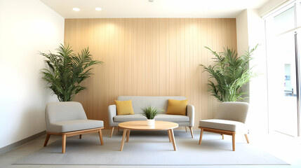 Modern Minimalist Waiting Area With Beige Sofa And Wooden Furniture
