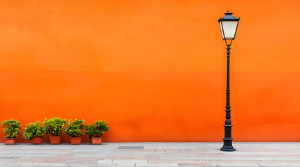 Orange Wall With Lamp Post And Plants