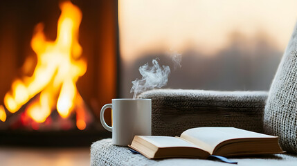 Cozy Reading Corner By Fireplace With Warm Lighting
