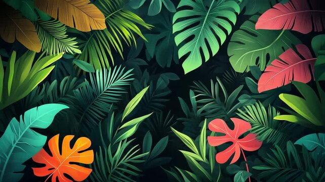 A lush green jungle with a variety of leaves and flowers. The colors are vibrant and the foliage is dense