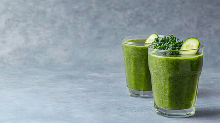 Two Glasses Of Green Smoothie With Cucumber And Kale On Gray Background