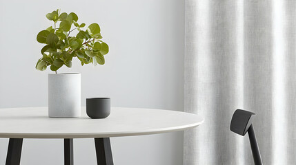 Modern Minimalist Interior Decor With Plant And Vase On Round Table