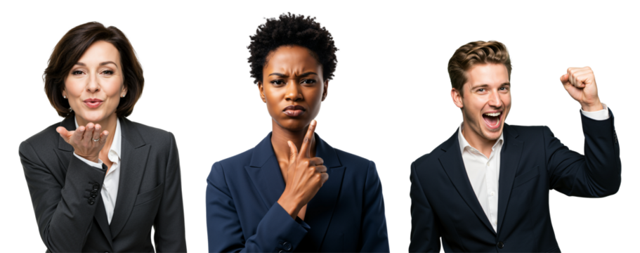 Diverse Business Professionals Expressing Emotions. Caucasian Woman Blowing Kiss, Black Woman Thinking, Caucasian Man Cheering. Studio Portraits on transparent background.