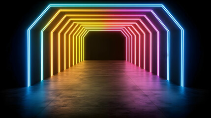 Colorful Neon Rainbow Tunnel With Geometric Arch
