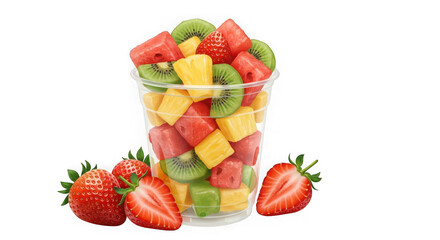 Clear plastic cup filled with cut fruit and strawberries on transparent background