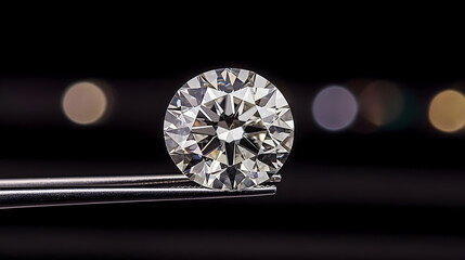 Closeup Round Cut Diamond On Tweezers Against Black Background