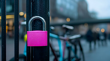Pink Padlock On Metal Fence In City