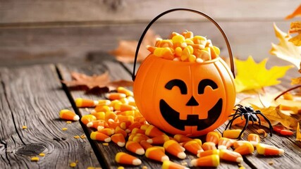 Halloween candy corn overflowing from pumpkin bucket on weathered wood with a spider and autumn leaves.