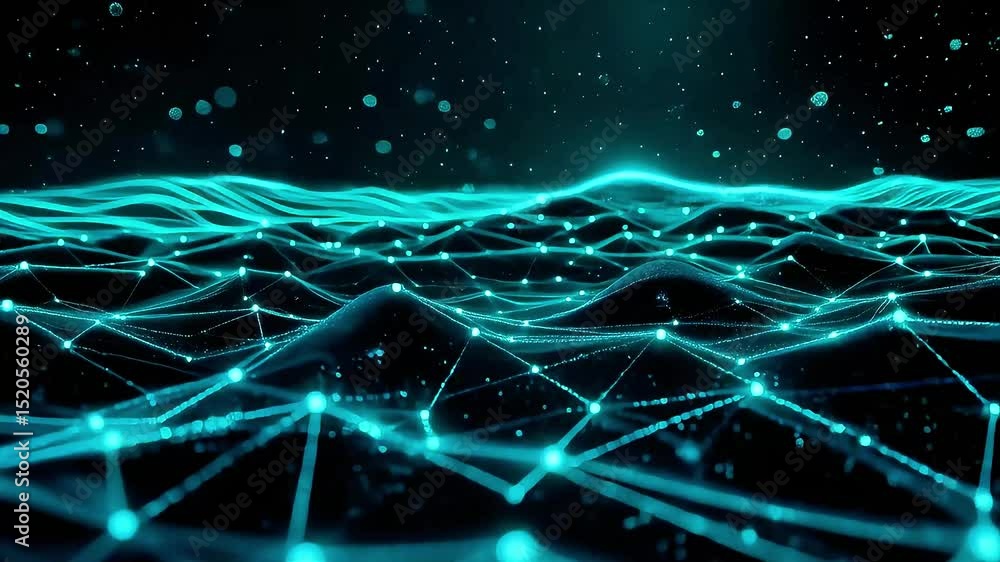 Poster abstract teal network: glowing nodes and shifting waves