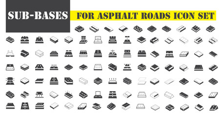New Sub-bases for asphalt roads Icon Set, Creative vector, web and print Icon Design. Vector illustration, Road icon set. Containing street, highway, traffic light, signpost, directions, parking,