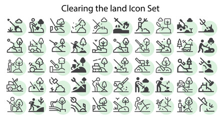 Clearing the land Icon Set, Creative vector, web and print Icon Design.svg Vector illustration, Road icon set. Containing street, highway, traffic light, signpost, directions, parking, route, GPS