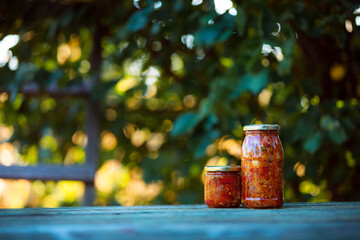 Home preservation. Vegetable salad in a glass jar on a wooden table. Natural green background with smooth bokeh. Healthy food concept. Vegetables from the garden.
