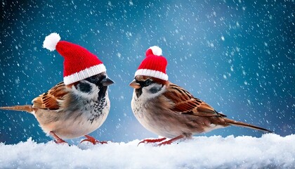 Cute funny merry Christmas sparrows in the New Year with a red cap with little red hats duri 