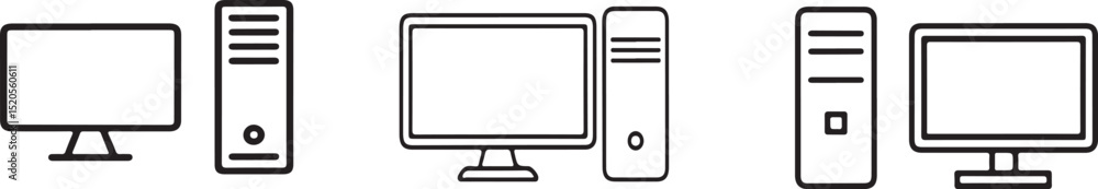 Poster simple black and white icons of desktop computer monitor and tower pc components