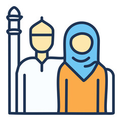 A husband and wife in traditional Islamic clothing, standing together with a mosque in the background. 