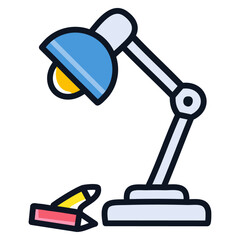 A small desk lamp with a few highlighters lying next to it. 