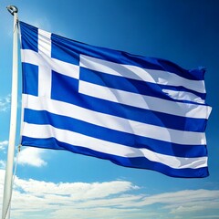Greek flag with blue and white stripes and cross. The flag of Greece features blue and white.jpg
