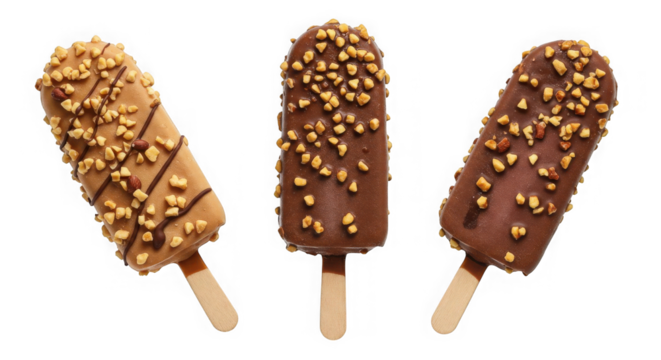 Three ice cream bars with chocolate and nuts on sticks against transparent backdrop