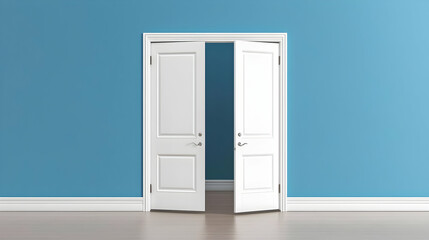 Open White Double Doors In Light Blue Room