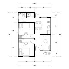 Black and White floor plan of a modern unfurnished house for your design. Suburban house blueprint. Architectural background.