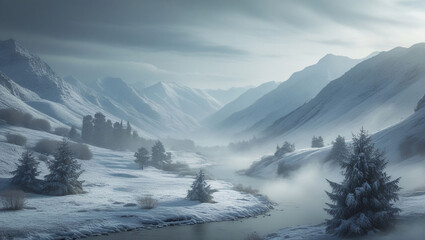 A serene winter valley landscape with snow covered mountains and a misty river flowing through it