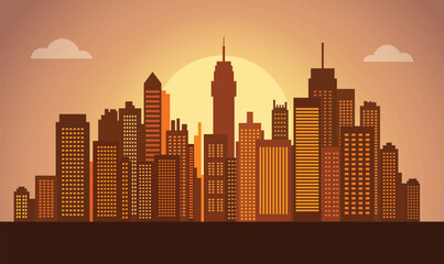 Cityscape in Evening Glow with Buildings Lit Against a Softly Darkening Urban Sky