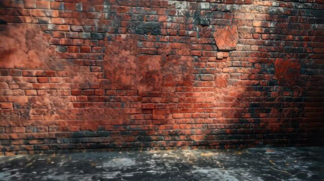 Distressed red brick wall with patches of discoloration, aged stone ground floor