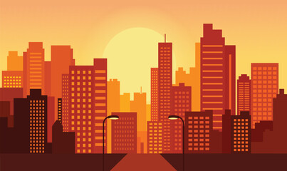 Cityscape in Evening Glow with Buildings Lit Against a Softly Darkening Urban Sky