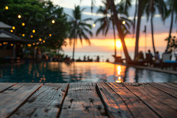  Stunning blurred exotic beach sunset with palm trees: mock-up table for summer products