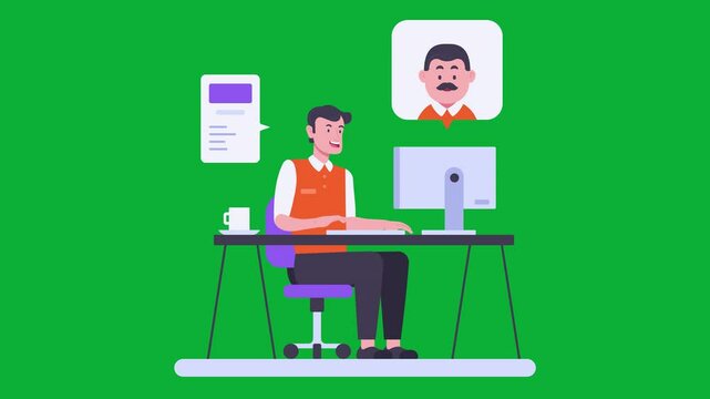 Man at desk using computer for video call, with document and coffee. Online communication, collaboration, and remote work concept in vector animation.