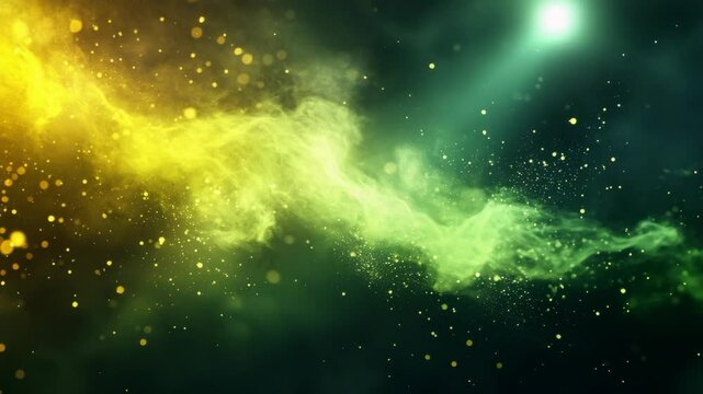 Abstract Yellow Green Smoke with Golden Particle Streamers in Dark Space Background with Soft Lighting for Adobe Stock Photo
