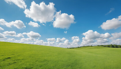 Green grass field, bright sky, full of clouds.