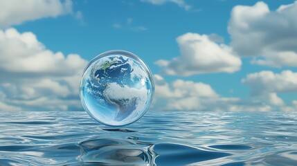 Earth globe floating on water, amidst a clear sky.