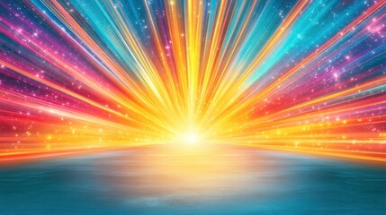 Obraz premium Vibrant abstract sunrise rays burst light glow above the horizon. Colorful energy and radiant light fill the sky. Abstract concept, digital artwork, fantasy atmosphere, creative visual for