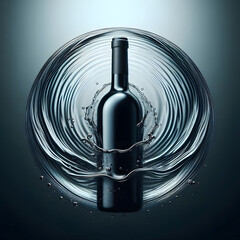 Red wine bottle with label on black background surrounded by drink-related elements