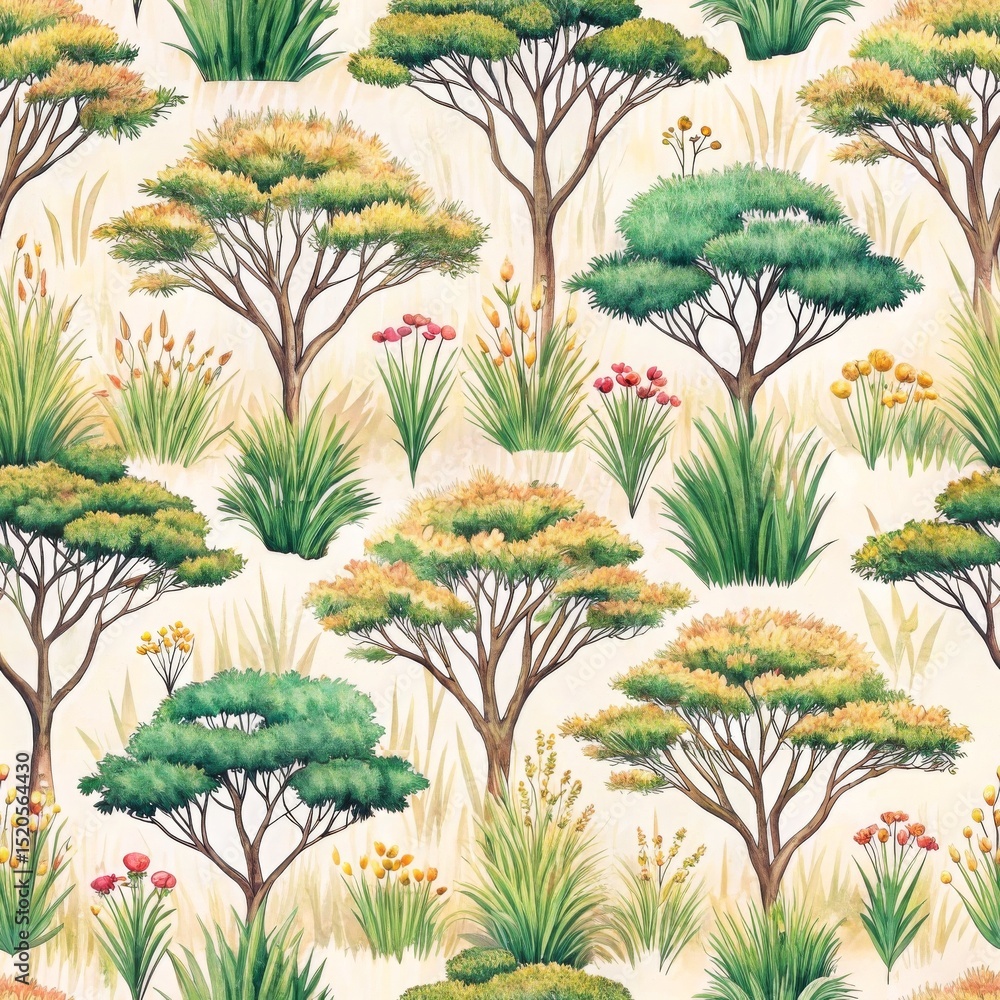 Poster hand drawn safari pattern concept. pattern of trees and plants on a light background.